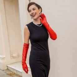 Women's Single-Point Long Above-Elbow Lined Leather Gloves -Dents womens long leather gloves chilli 1