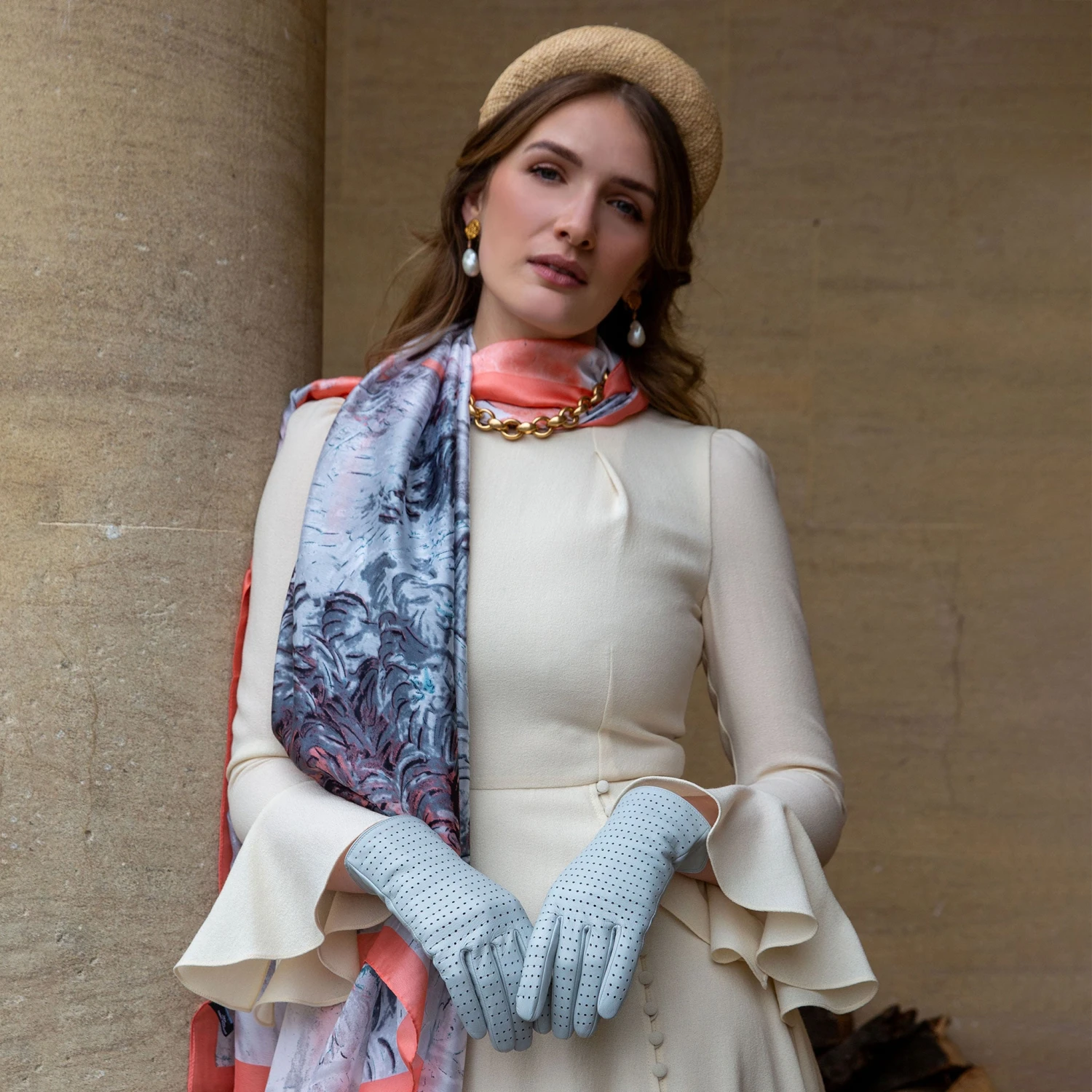 Women’s Abstract Landscape Print Silk-Like Lightweight Scarf With Border - Image 2