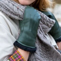 Women’s Three-Point Faux Fur-Lined Leather Mittens -Dents womens sage leather mittens