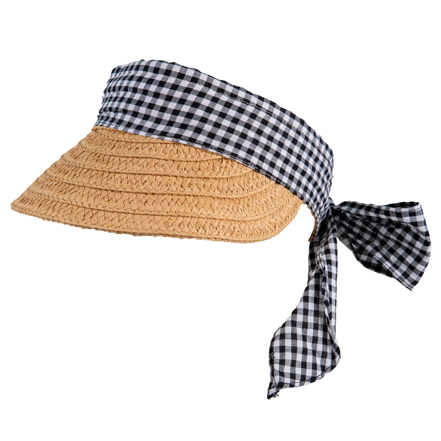 Women’s Straw Sun Visor With Gingham Ribbon Band And Tie - Image 2