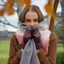 Women’s Stripe Blanket Scarf With Tassels -Dents womens stripe blanket scarf pink grey