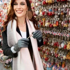 Women’s Stripe Blanket Scarf With Tassels -Dents womens stripe blanket scarf pink grey 2